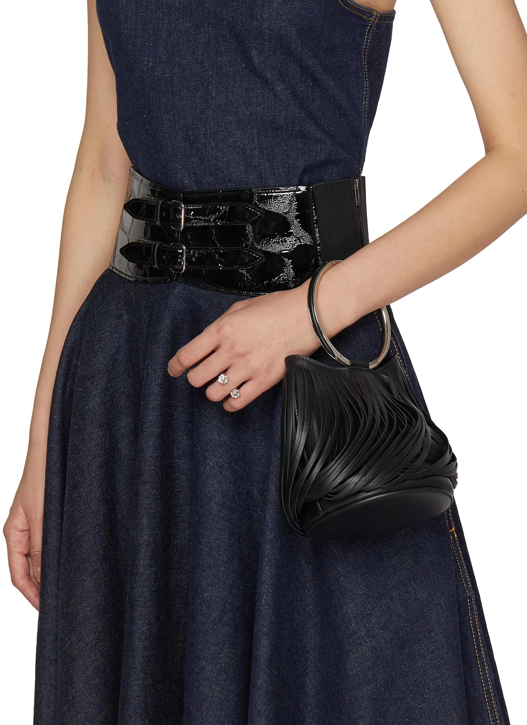 -----------ALAÏA ---- ------------ ----Mini Ring Fringed Leather Bucket Bag --