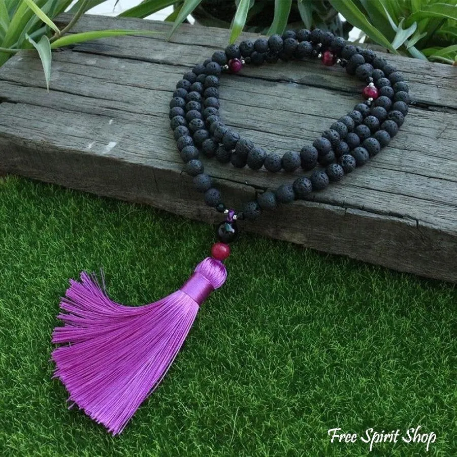 108 Natural Lava Stone & Pink Tiger Eye Mala Bead Necklace