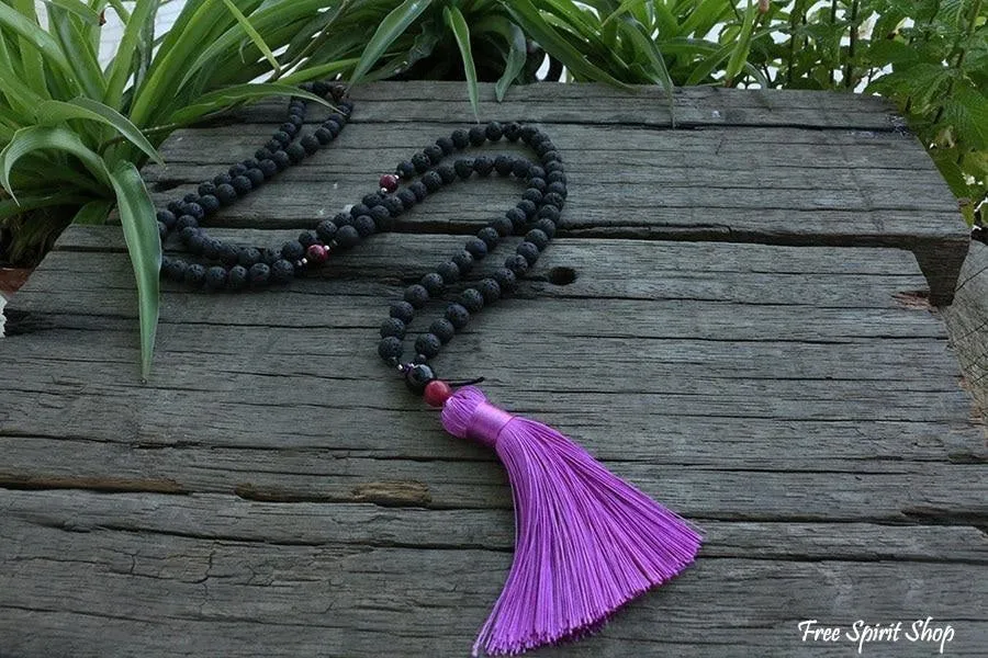 108 Natural Lava Stone & Pink Tiger Eye Mala Bead Necklace