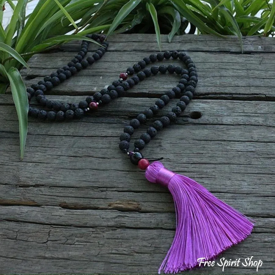 108 Natural Lava Stone & Pink Tiger Eye Mala Bead Necklace