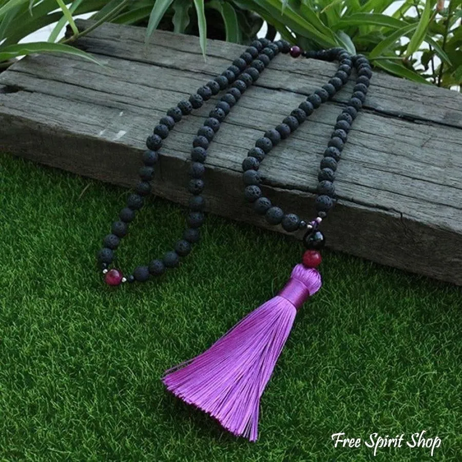 108 Natural Lava Stone & Pink Tiger Eye Mala Bead Necklace