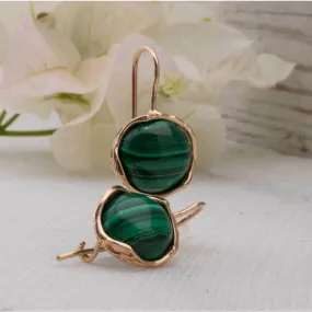 14K Rose Gold Round Green Malachite 12mm Dangle Earrings