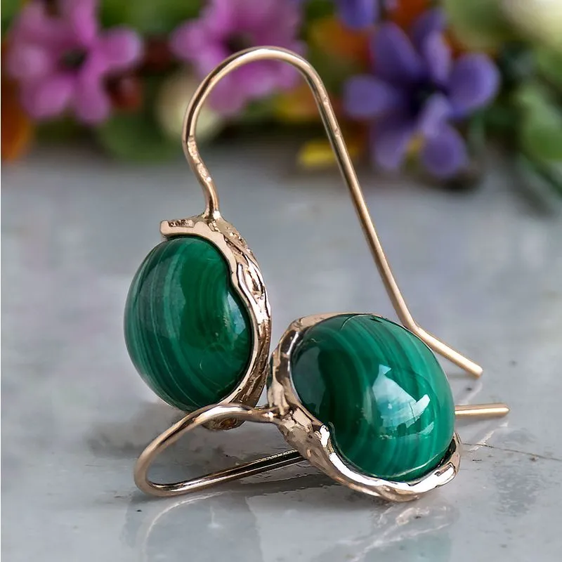 14K Rose Gold Round Green Malachite 12mm Dangle Earrings