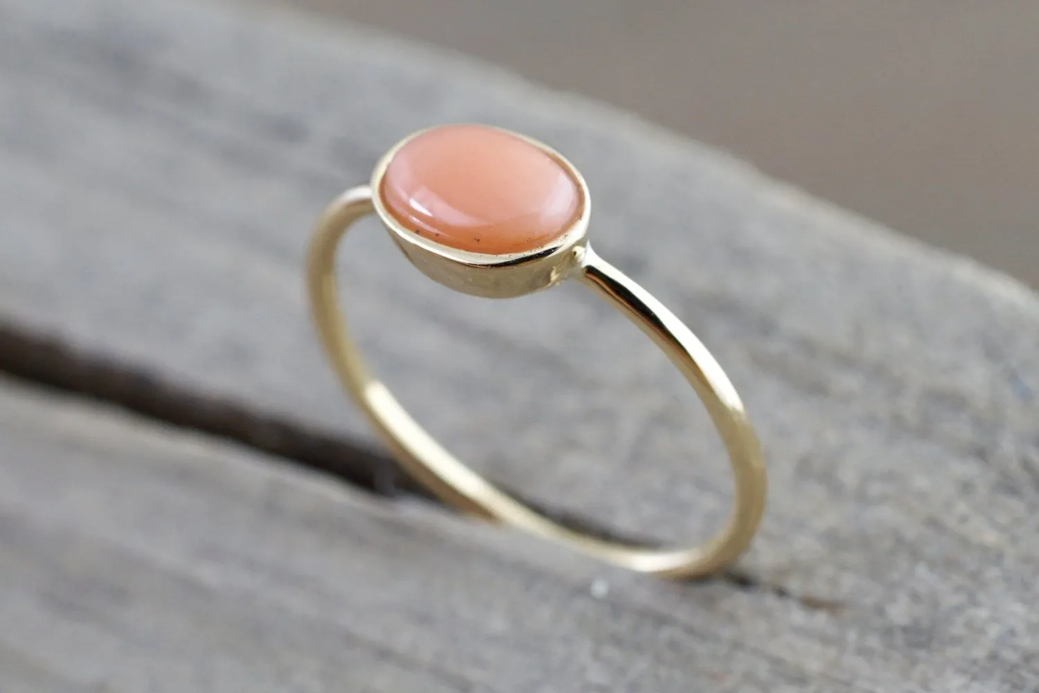 14k Solid Yellow Gold Oval Bezel Natural Pink Coral 0.39 carats Band Ring