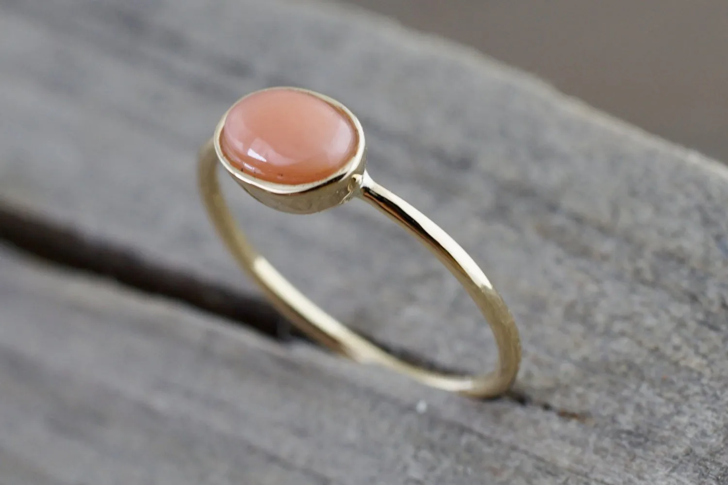 14k Solid Yellow Gold Oval Bezel Natural Pink Coral 0.39 carats Band Ring