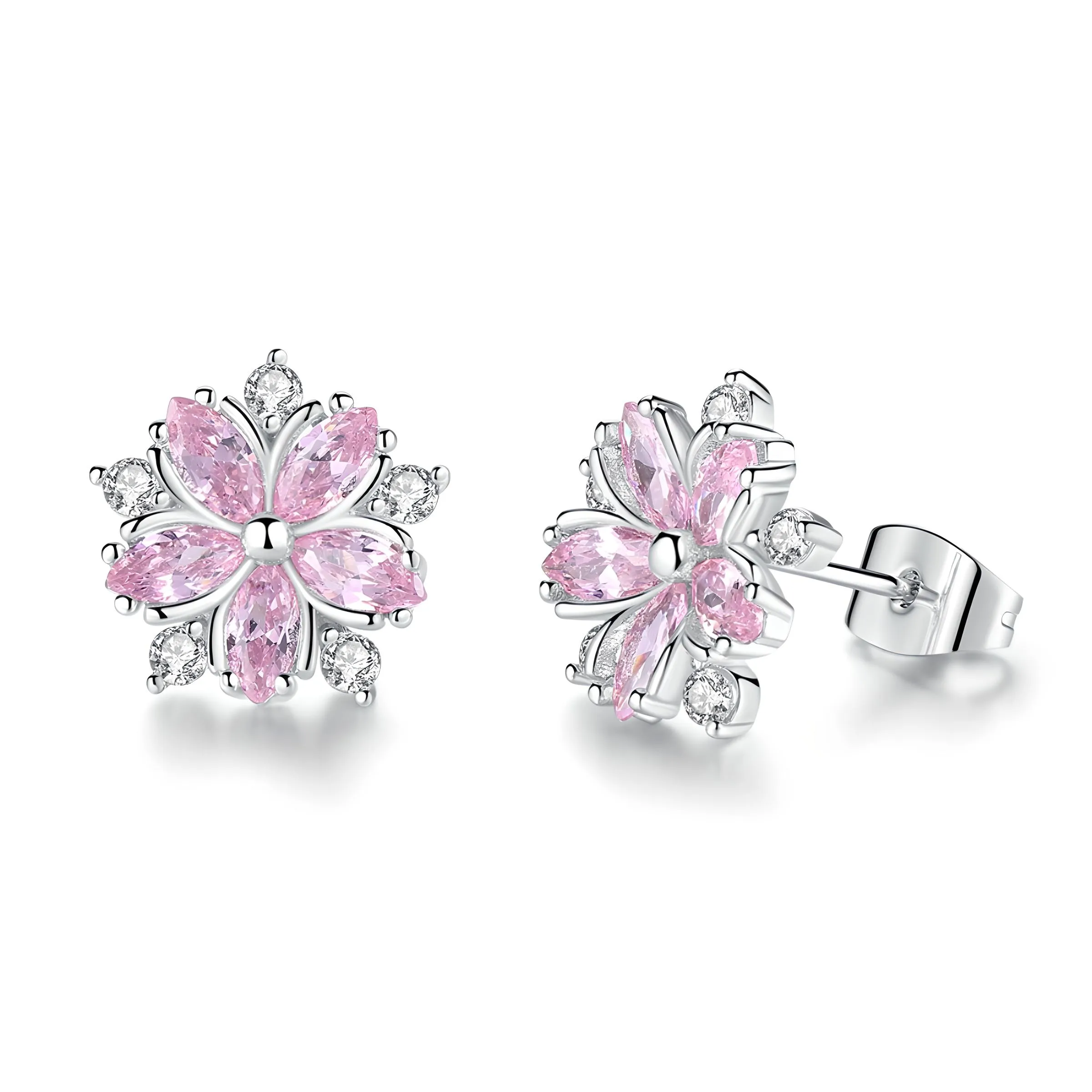 14K White Gold Pink Sapphire Flower Earrings