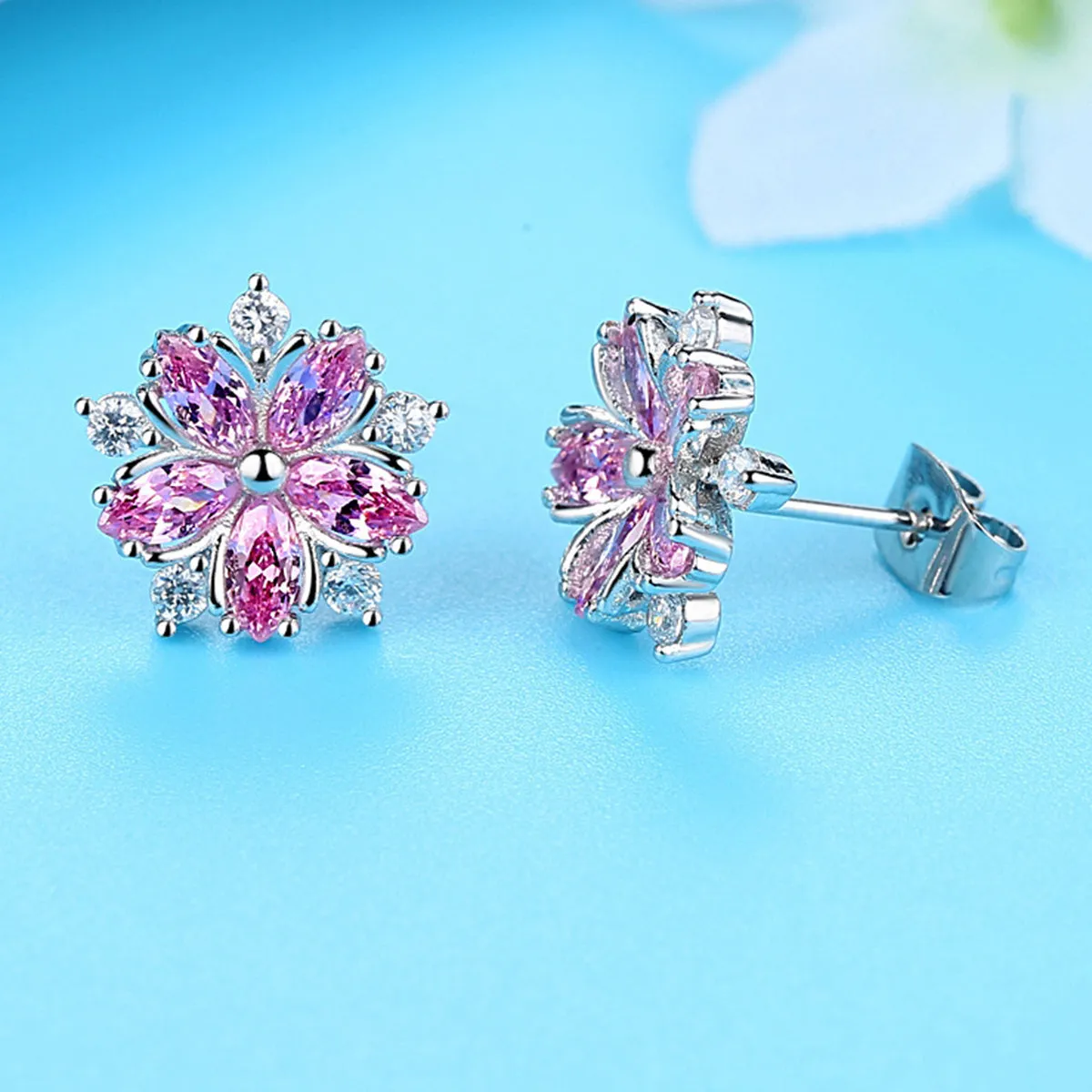 14K White Gold Pink Sapphire Flower Earrings