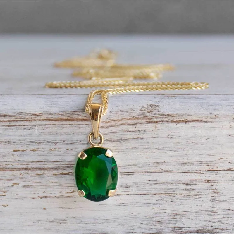 14K Yellow Gold Elliptic Green Cubic Zirconia 8X10mm Pendant