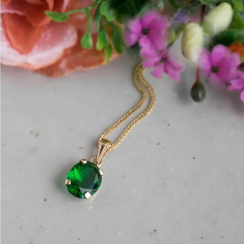 14K Yellow Gold Elliptic Green Cubic Zirconia 8X10mm Pendant