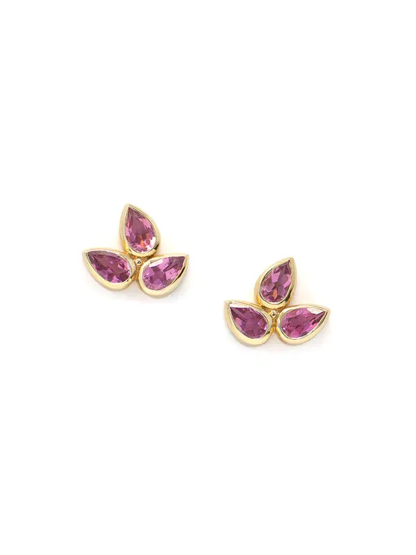 14K Yellow Gold Fleur de Lis Pink Tourmaline Bouquet Studs