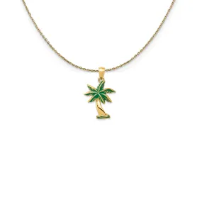 14k Yellow Gold Green Enameled Palm Tree Necklace