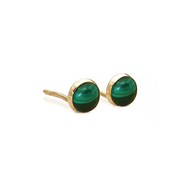 14K Yellow Gold Round Green Malachite 4mm Stud Earrings