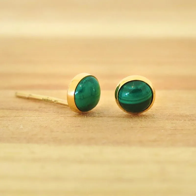 14K Yellow Gold Round Green Malachite 4mm Stud Earrings