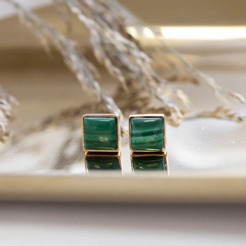 14K Yellow Gold Square Green Malachite 6X6mm Stud Earrings