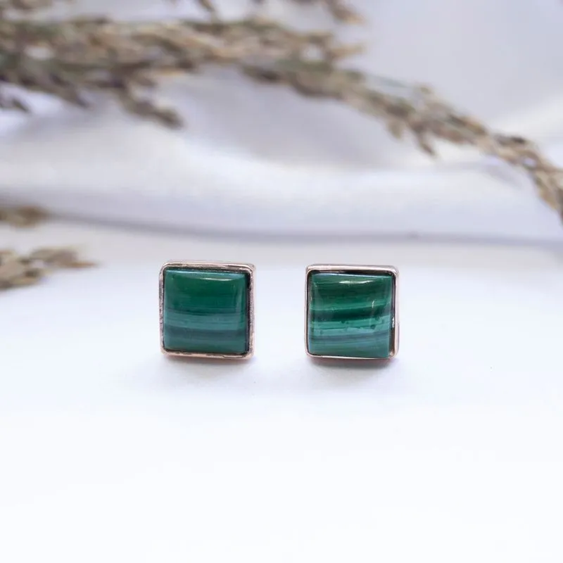 14K Yellow Gold Square Green Malachite 6X6mm Stud Earrings