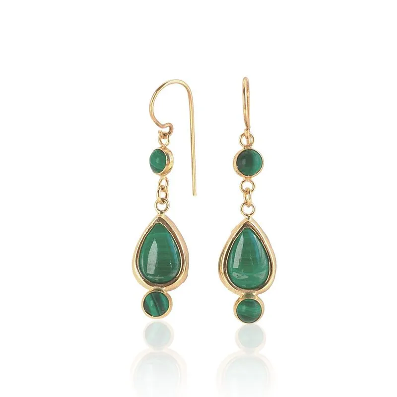 14K Yellow Gold Teardrop Green Malachite 7X10mm Dangle Earrings