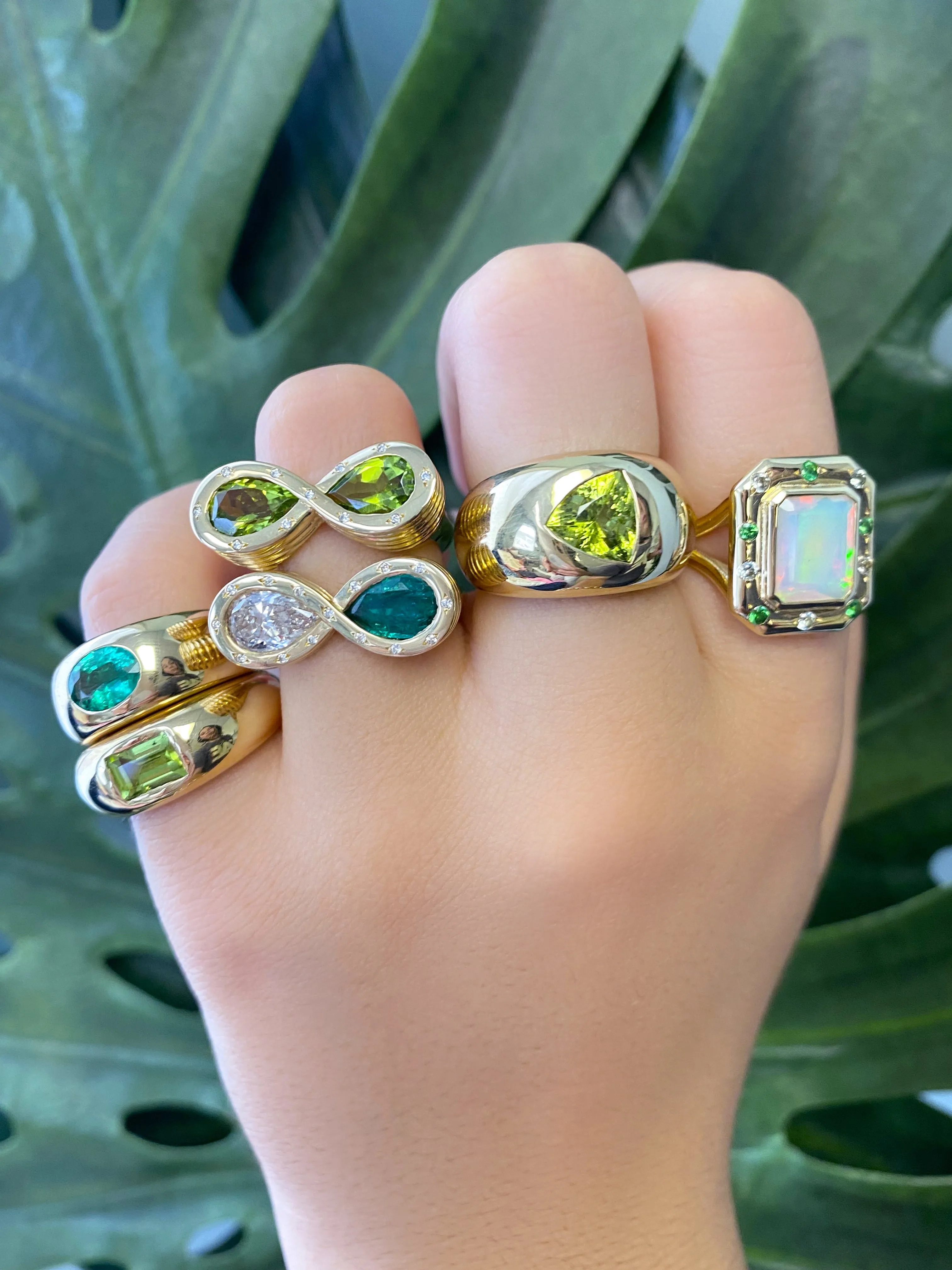 14K YG Opal, Tsavorite and Green Sapphire Ring