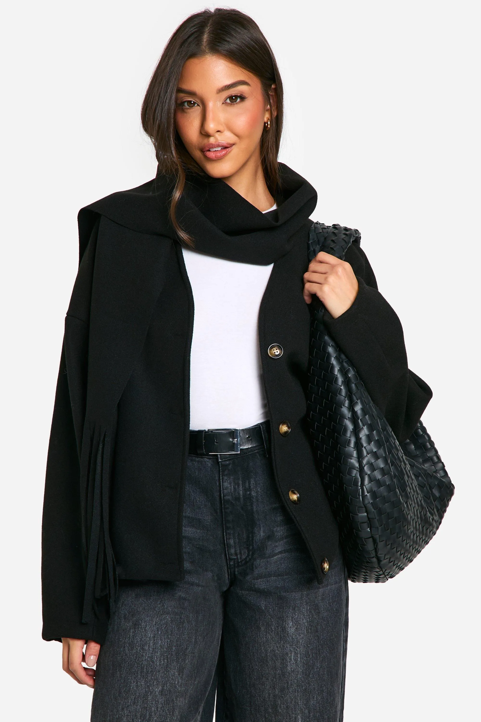2 in 1 Wool Look Scarf Detail Jacket