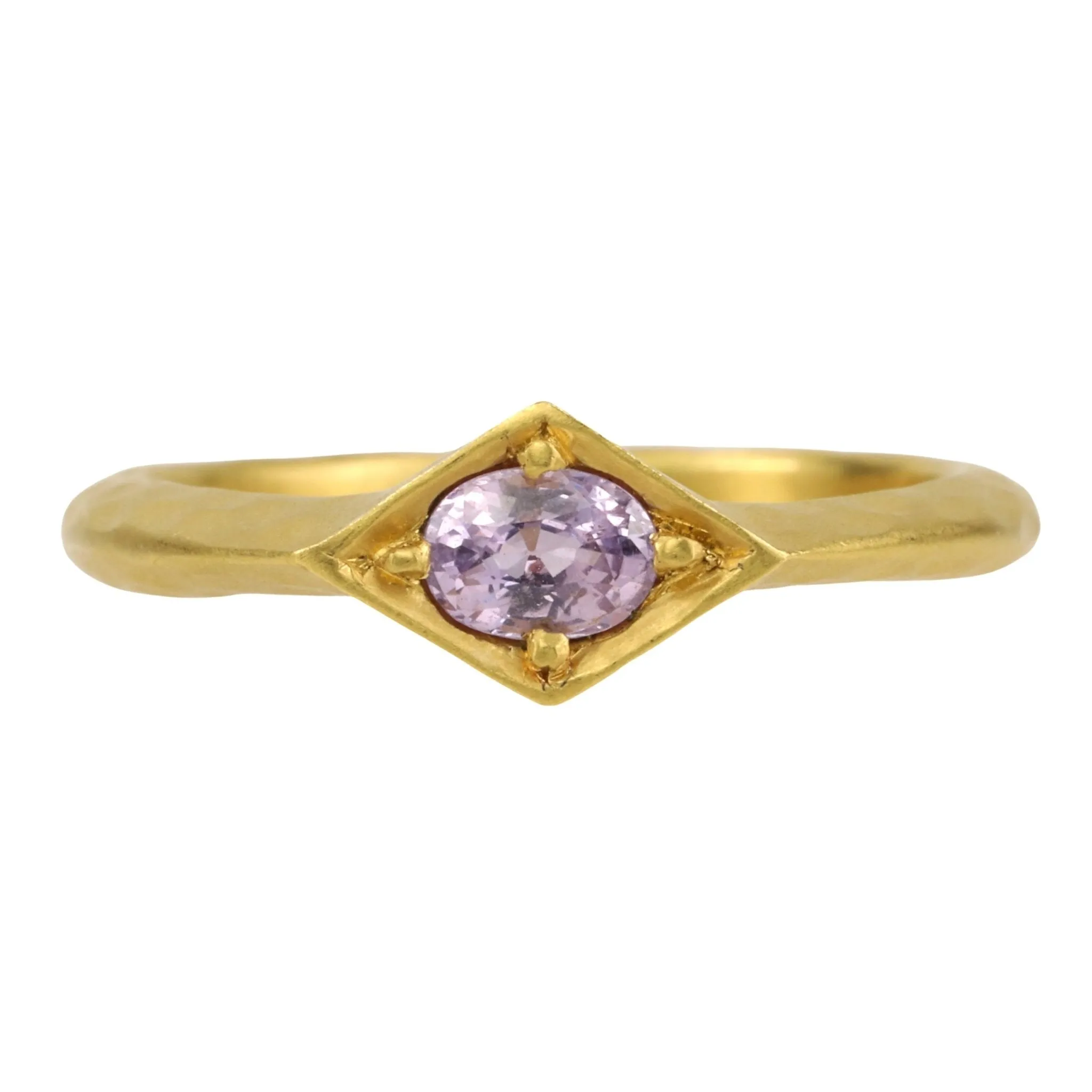 22K Gold Hammered Kite-Shaped Ring with Oval Pink Sapphire Center