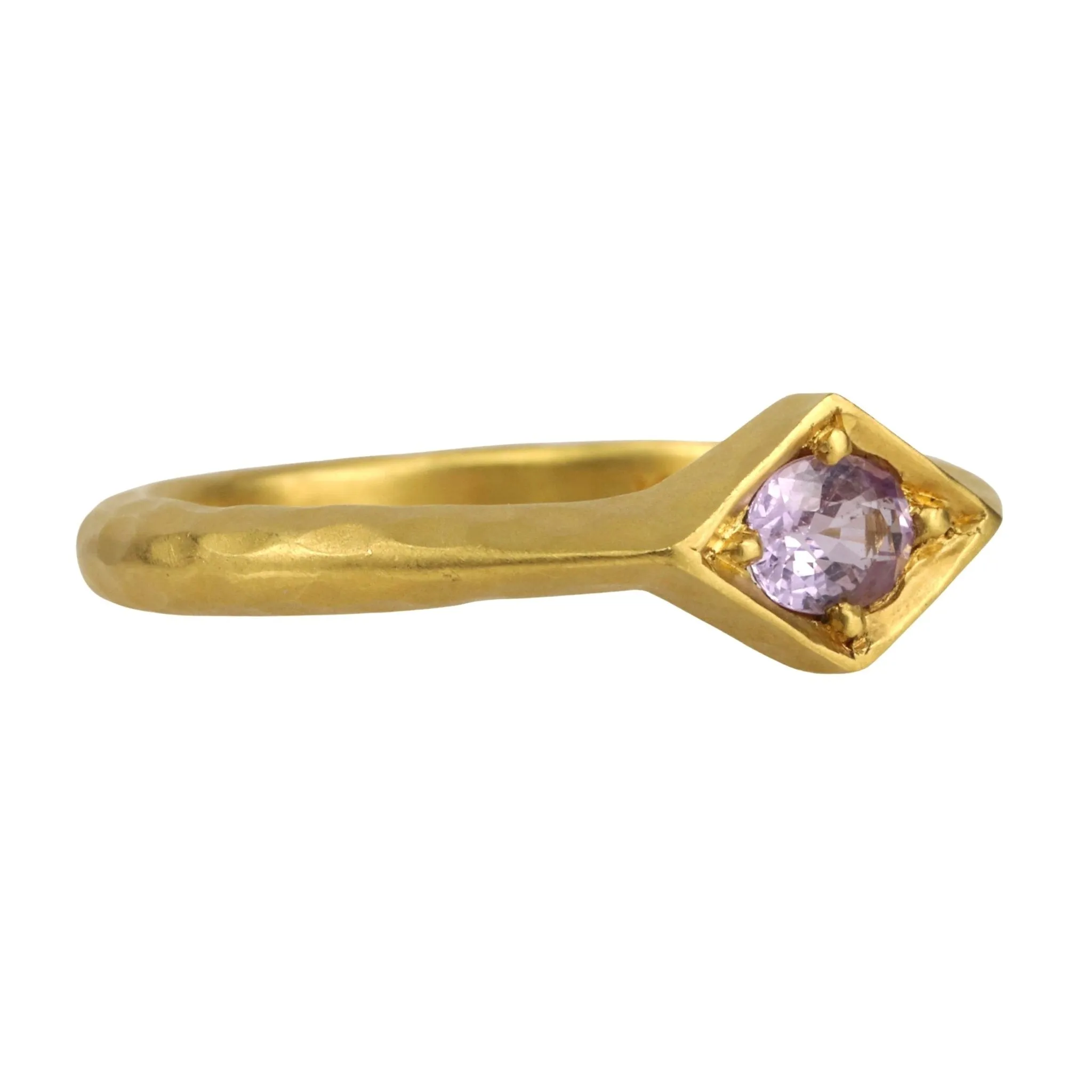 22K Gold Hammered Kite-Shaped Ring with Oval Pink Sapphire Center