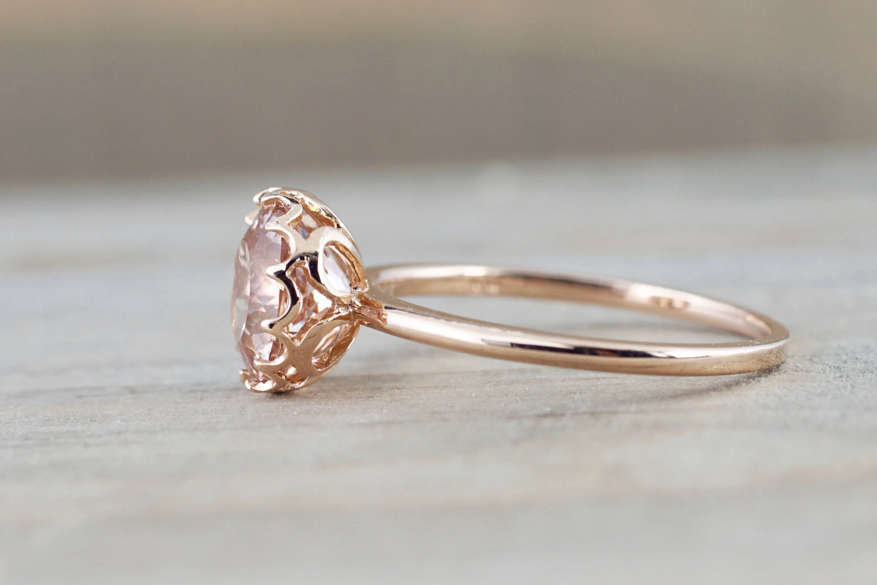 7mm Melrose Smooth 14k Rose Gold Round Morganite Pink Peach Champagne Beige Diamond Halo Engagement Ring Crown Vintage Solitaire