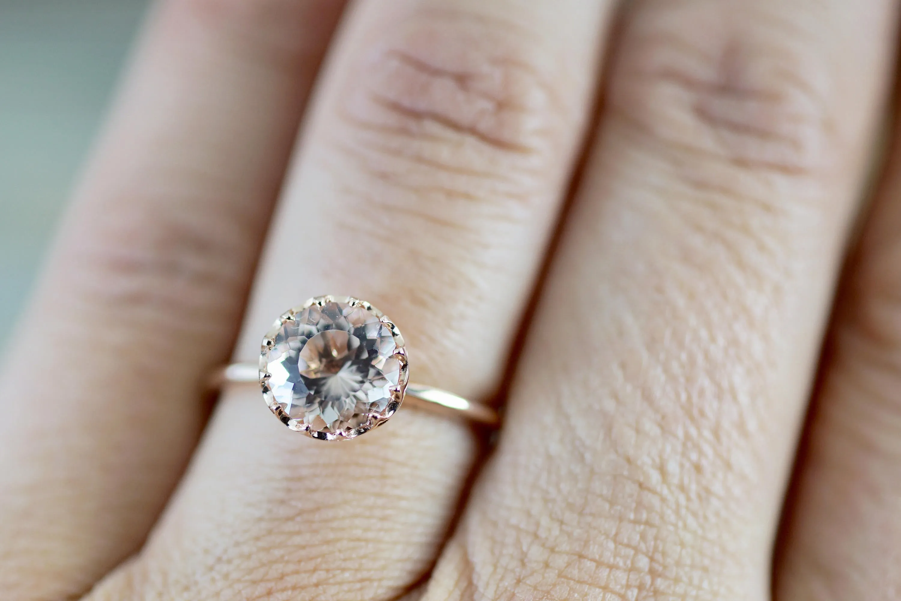 7mm Melrose Smooth 14k Rose Gold Round Morganite Pink Peach Champagne Beige Diamond Halo Engagement Ring Crown Vintage Solitaire