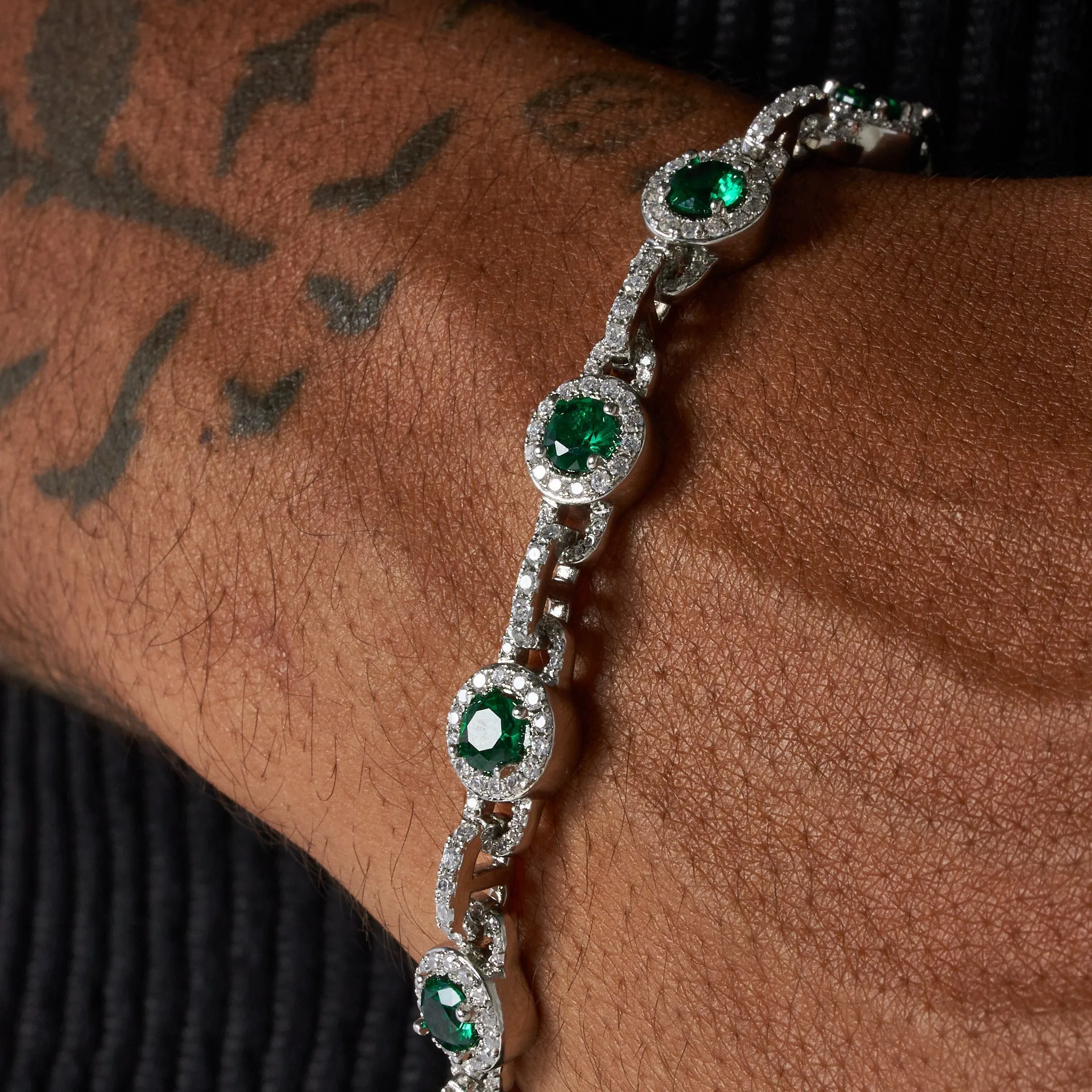 9mm GREEN CENTRE STONE LINK BRACELET - WHITE GOLD