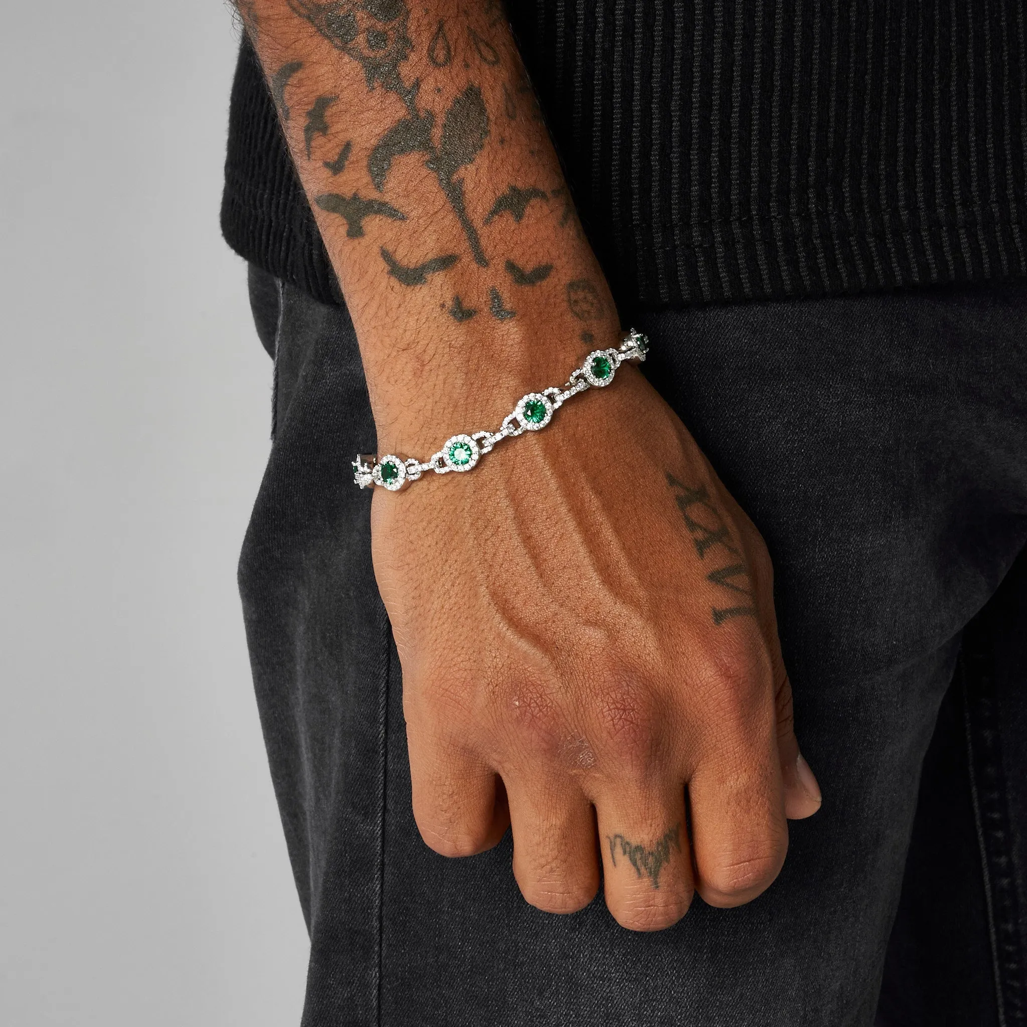 9mm GREEN CENTRE STONE LINK BRACELET - WHITE GOLD