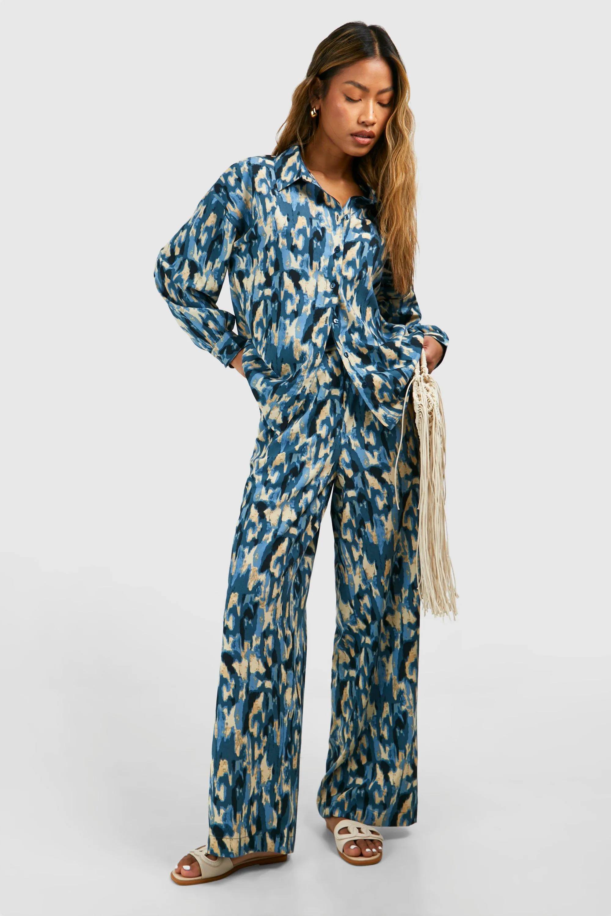 Abstract Print Woven Shirt & Wide Leg Pants Set