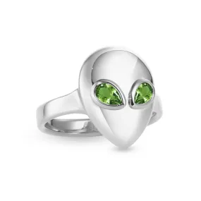 Alien pinky ring white gold with green tourmaline