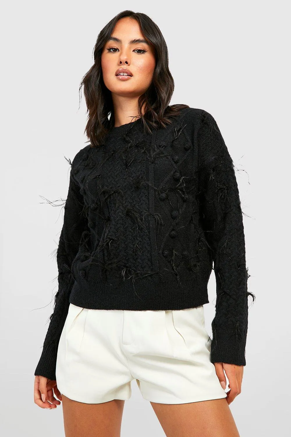 All Over Feather Trim Crop Sweater