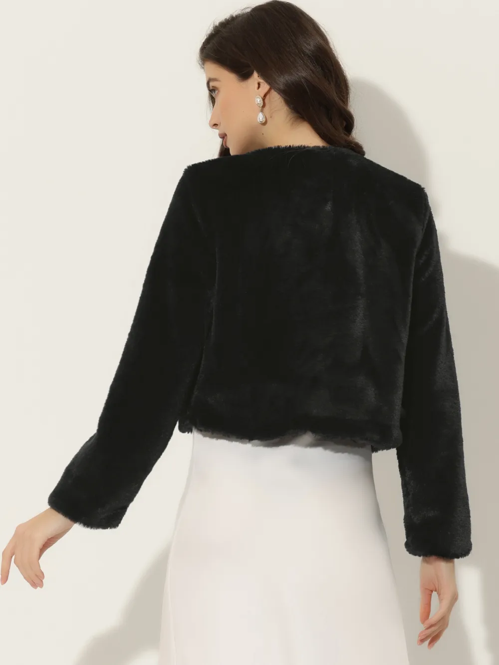 Allegra K - Open Front Faux Fur Cropped Jacket