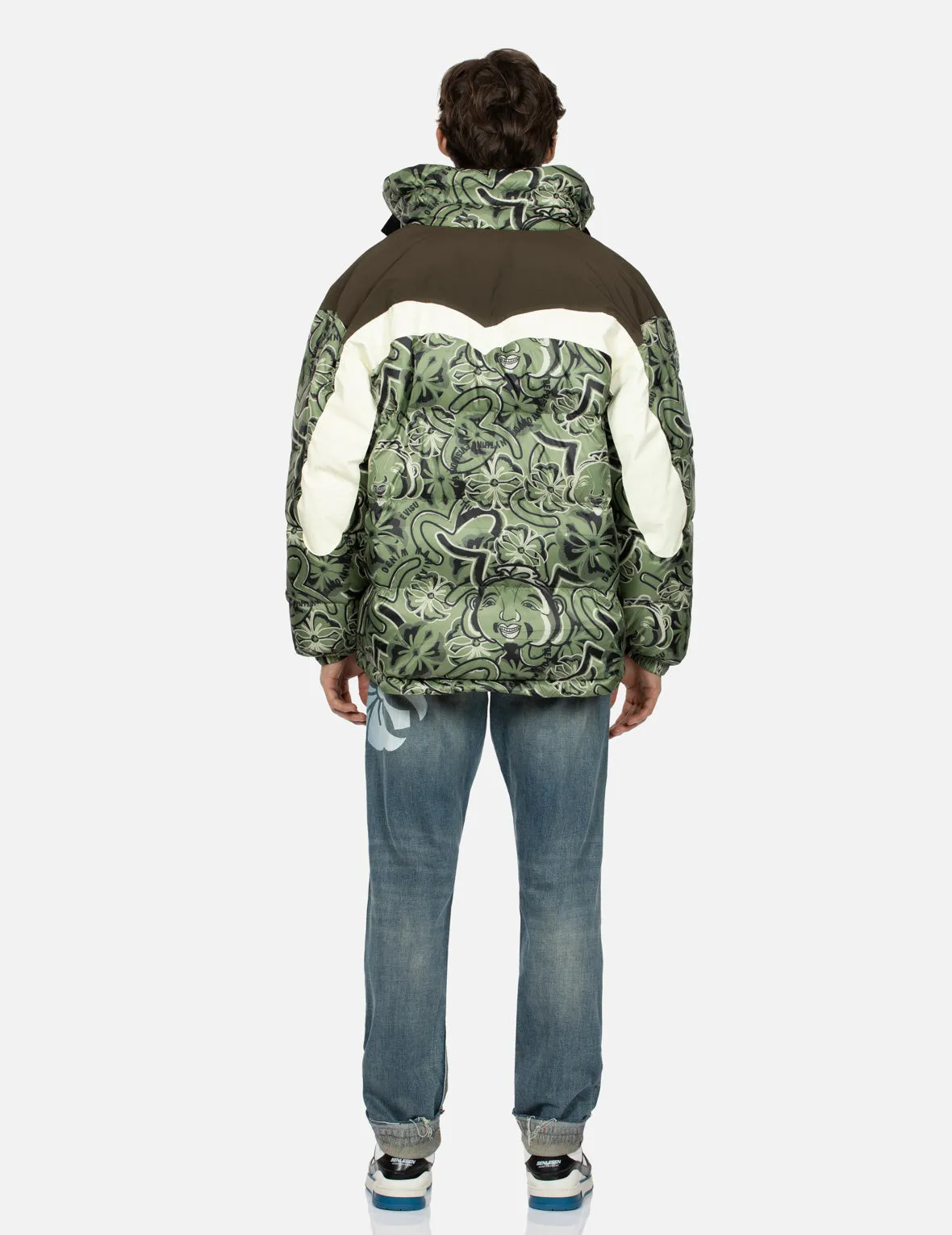 Allover Godhead and Kamon Daicock Print Loose Fit Down Jacket