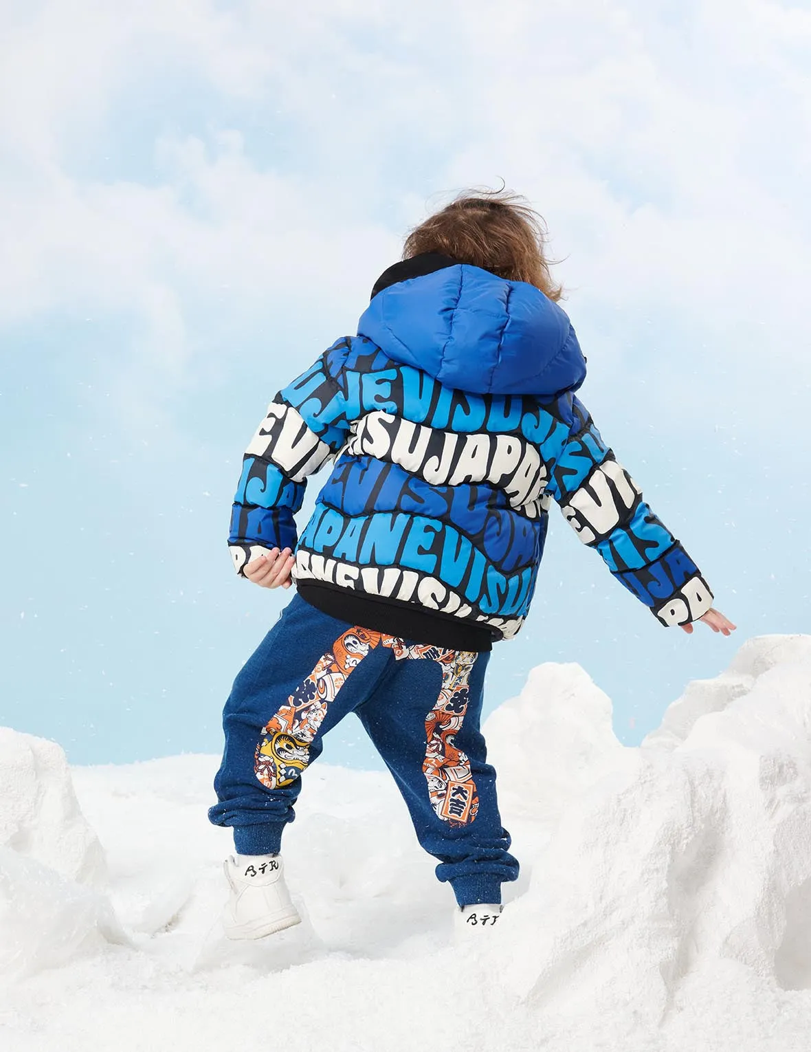 Allover Wavey Logo Print Down Jacket