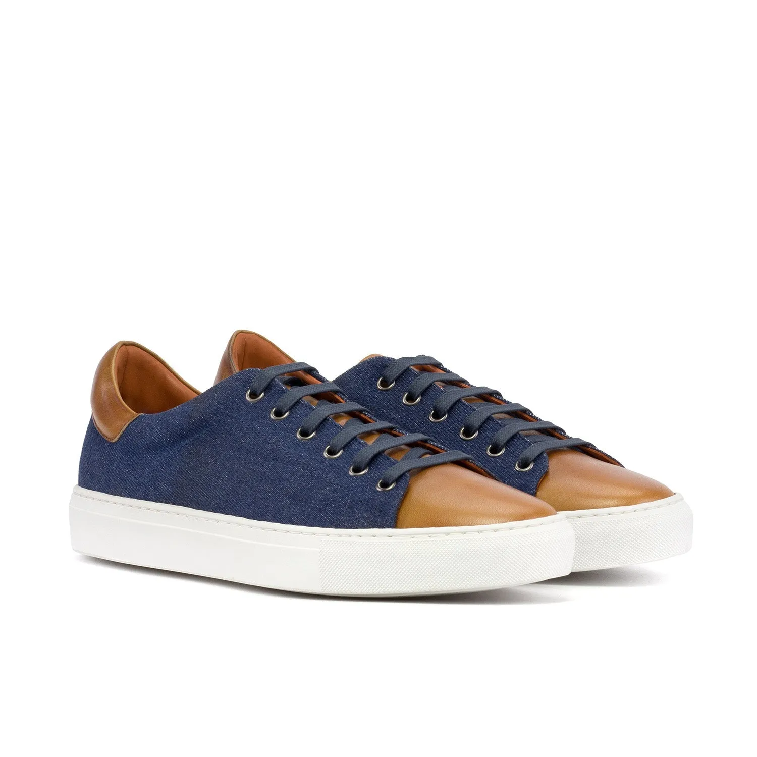 Ambrogio Luxury Men's Shoes Cognac & Navy Jeans / Calf-Skin Leather Trainer Sneakers (AMB2546)