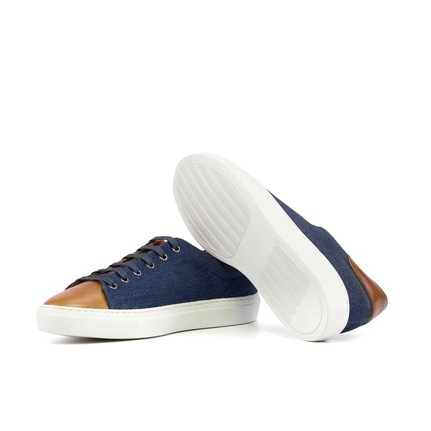 Ambrogio Luxury Men's Shoes Cognac & Navy Jeans / Calf-Skin Leather Trainer Sneakers (AMB2546)