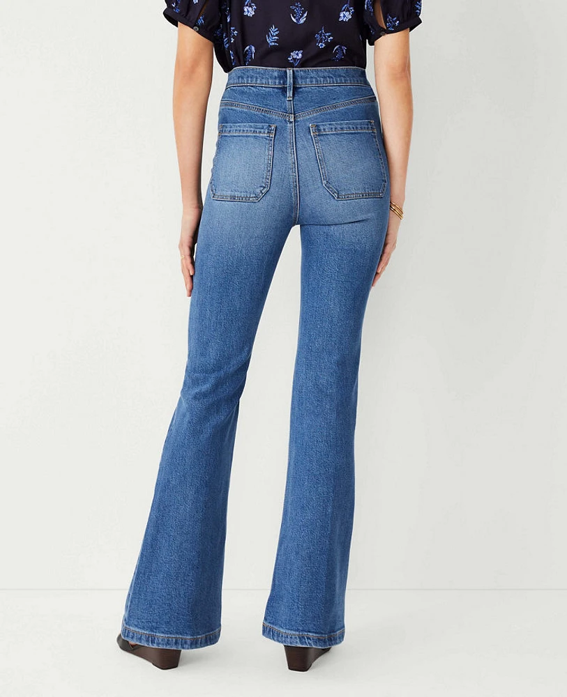 Ann Taylor High Rise Patch Pocket Flare Jeans Bright Medium Stone Wash Women's