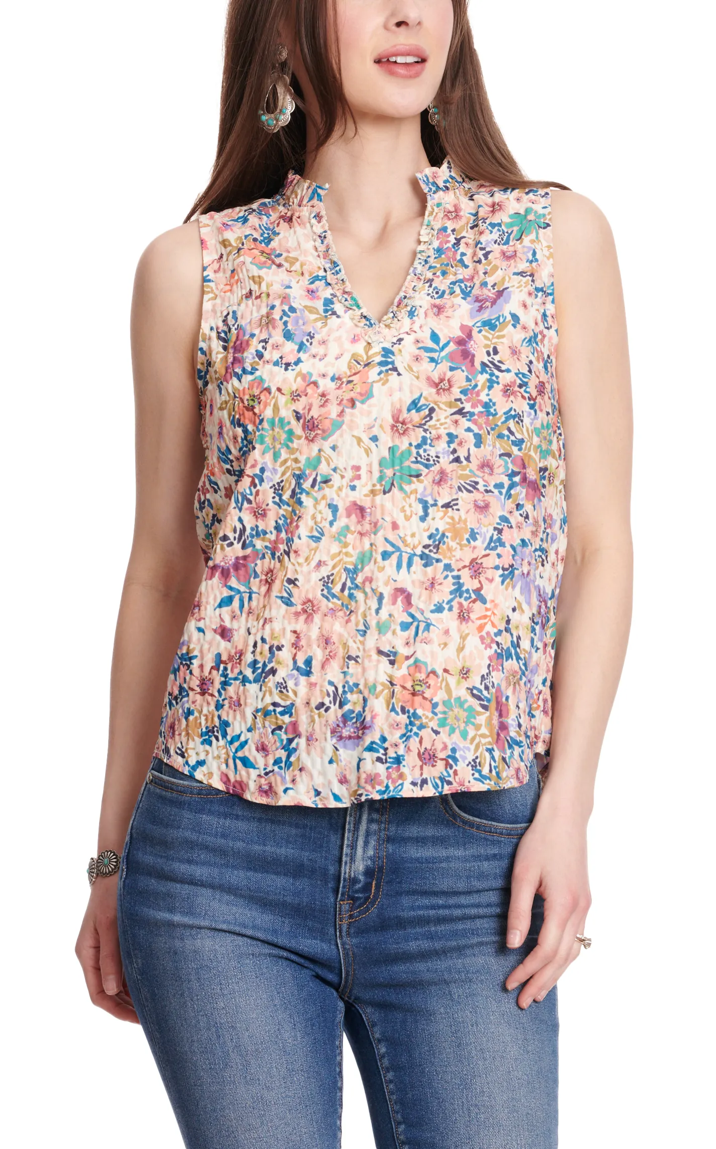 Another Love Women's Cream & Blooms Floral Print Sleeveless V-Neck Top