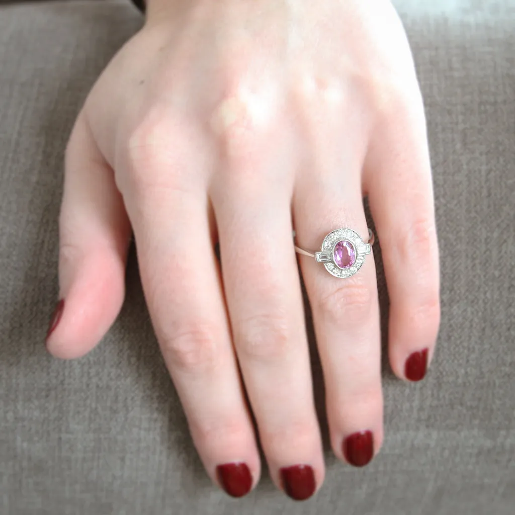 Art Deco Style 0.95 Carat Pink Sapphire and Diamond Cluster Ring