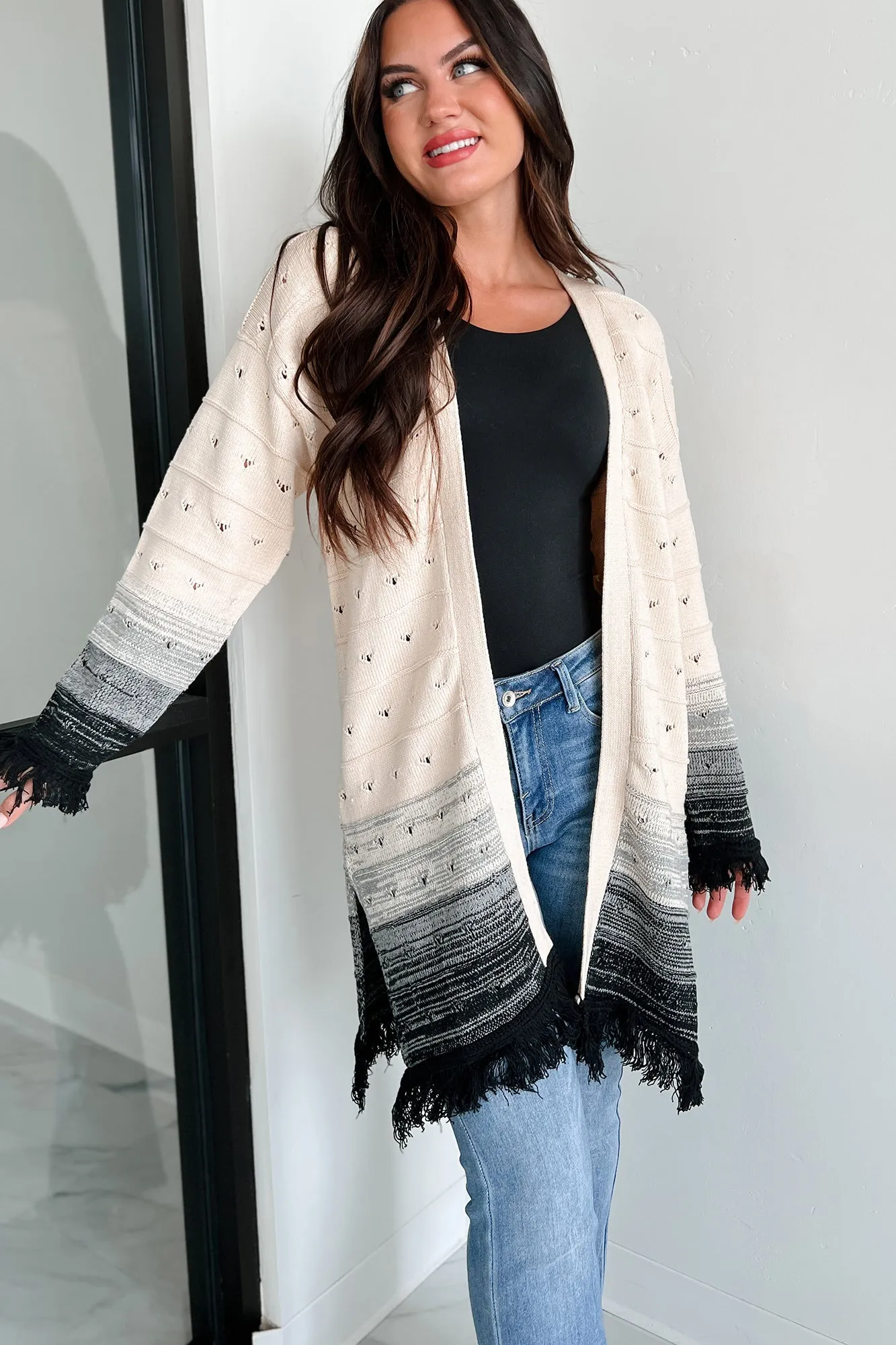 Autumn Weather Ombre Fringe Cardigan (Natural/Black)