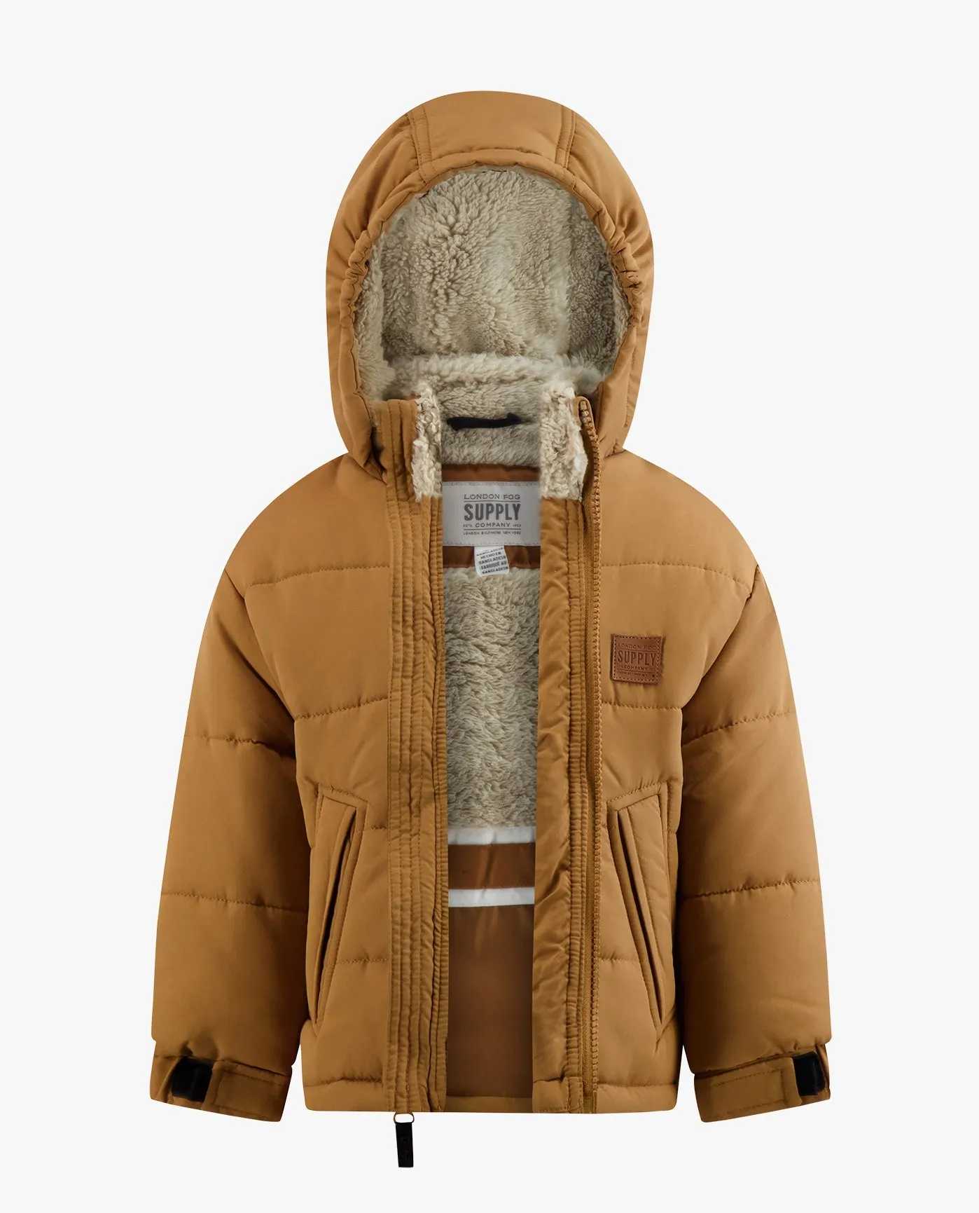 BABY BOYS ZIP-FRONT HOODED SHERPA LINED PUFFER