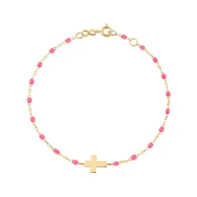 Baby Cross Charm Classic Gigi Pink bracelet, Yellow Gold, 5.1