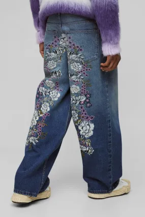 Baggy Rigid Floral Embroidered Panelled Jeans