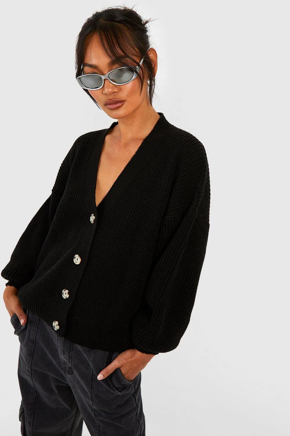 Balloon Sleeve Button Through Rib Cardigan