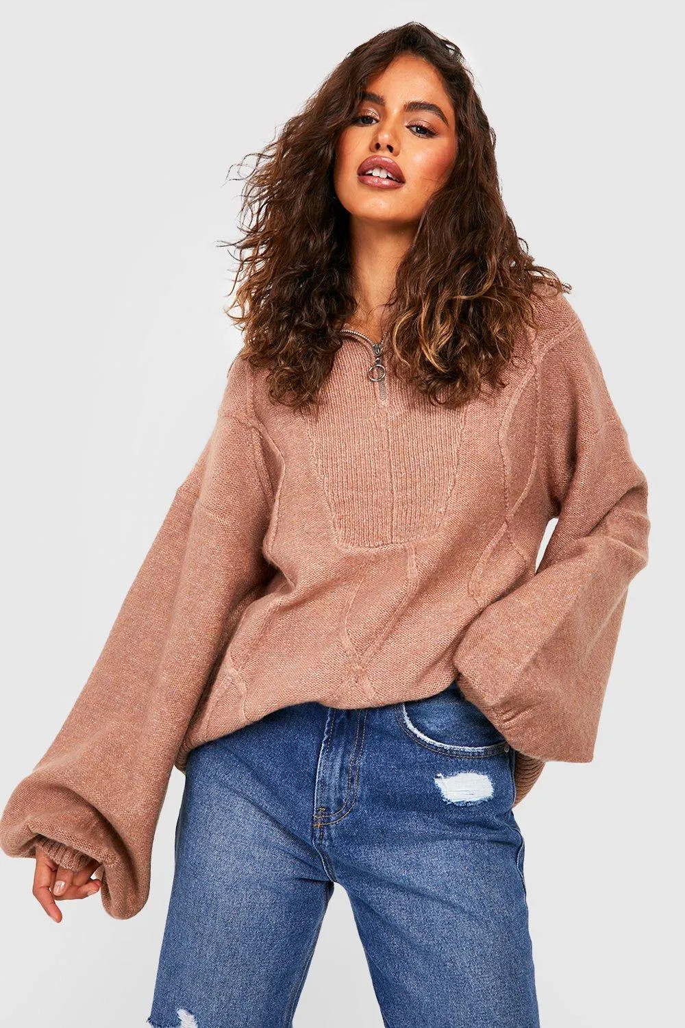 Balloon Sleeve Half Zip Knitted Sweater