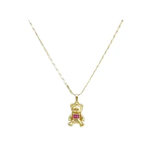 Bear pink crystals square pendant gold-filled chain necklace