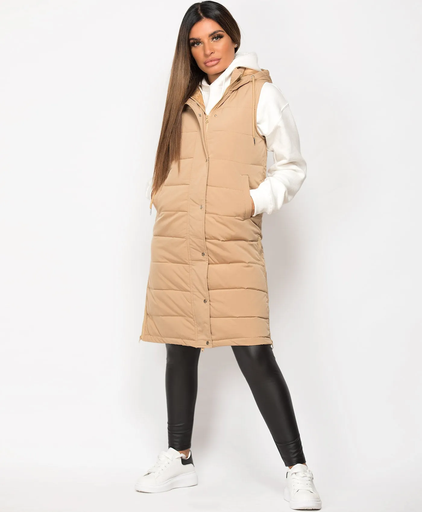 Beige Hooded Side Split Quilted Puffer Long Gilet Bodywarmer