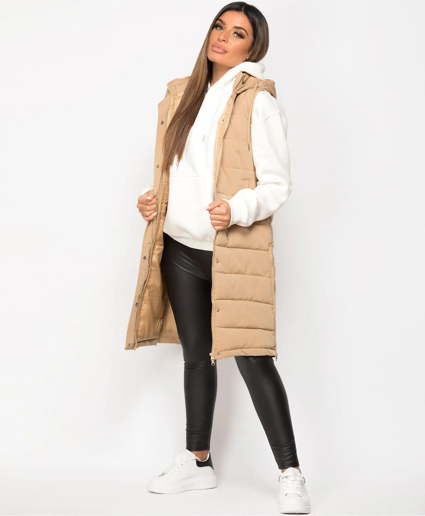 Beige Hooded Side Split Quilted Puffer Long Gilet Bodywarmer