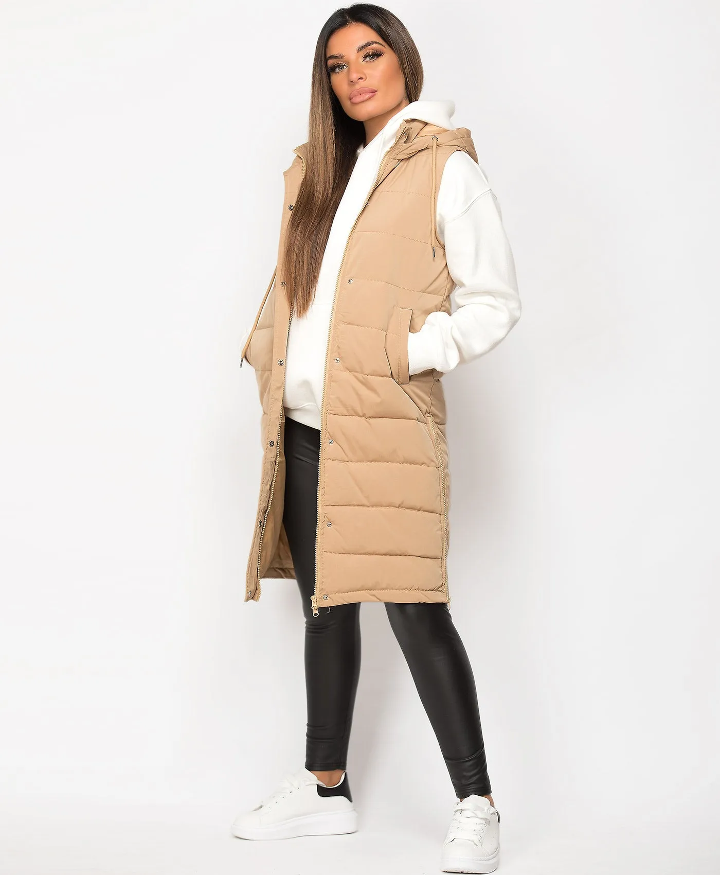 Beige Hooded Side Split Quilted Puffer Long Gilet Bodywarmer