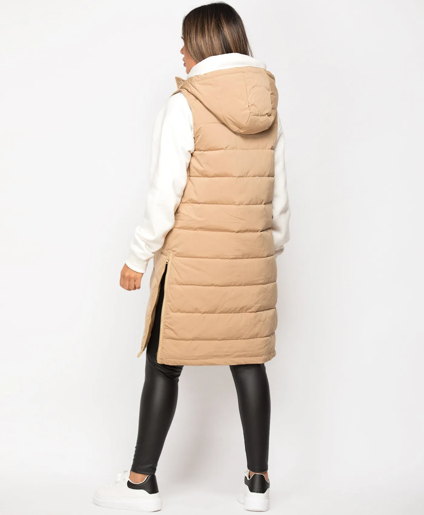 Beige Hooded Side Split Quilted Puffer Long Gilet Bodywarmer